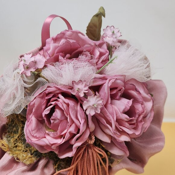 Vintage Musical Floral Tapestry Wall Cone With Pink Fabric Roses & Tassel Decor - Picture 3 of 9